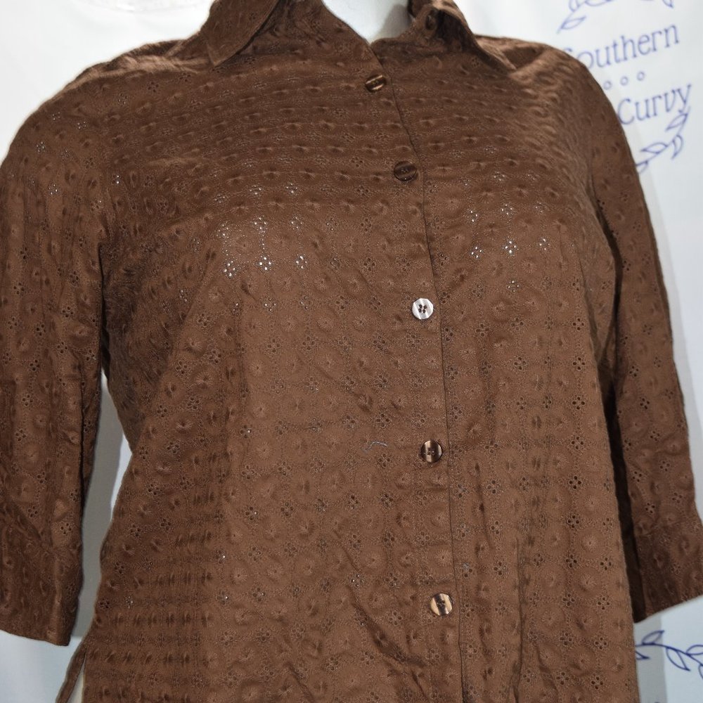 Choices Woman Button Front Blouse, Brown, Eyelet, Size 1X